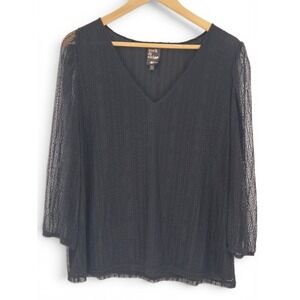Rock & Shine Blouse Women XL Black Lace V-Neck Sheer 3/4 Sleeve Lined Top Gothic